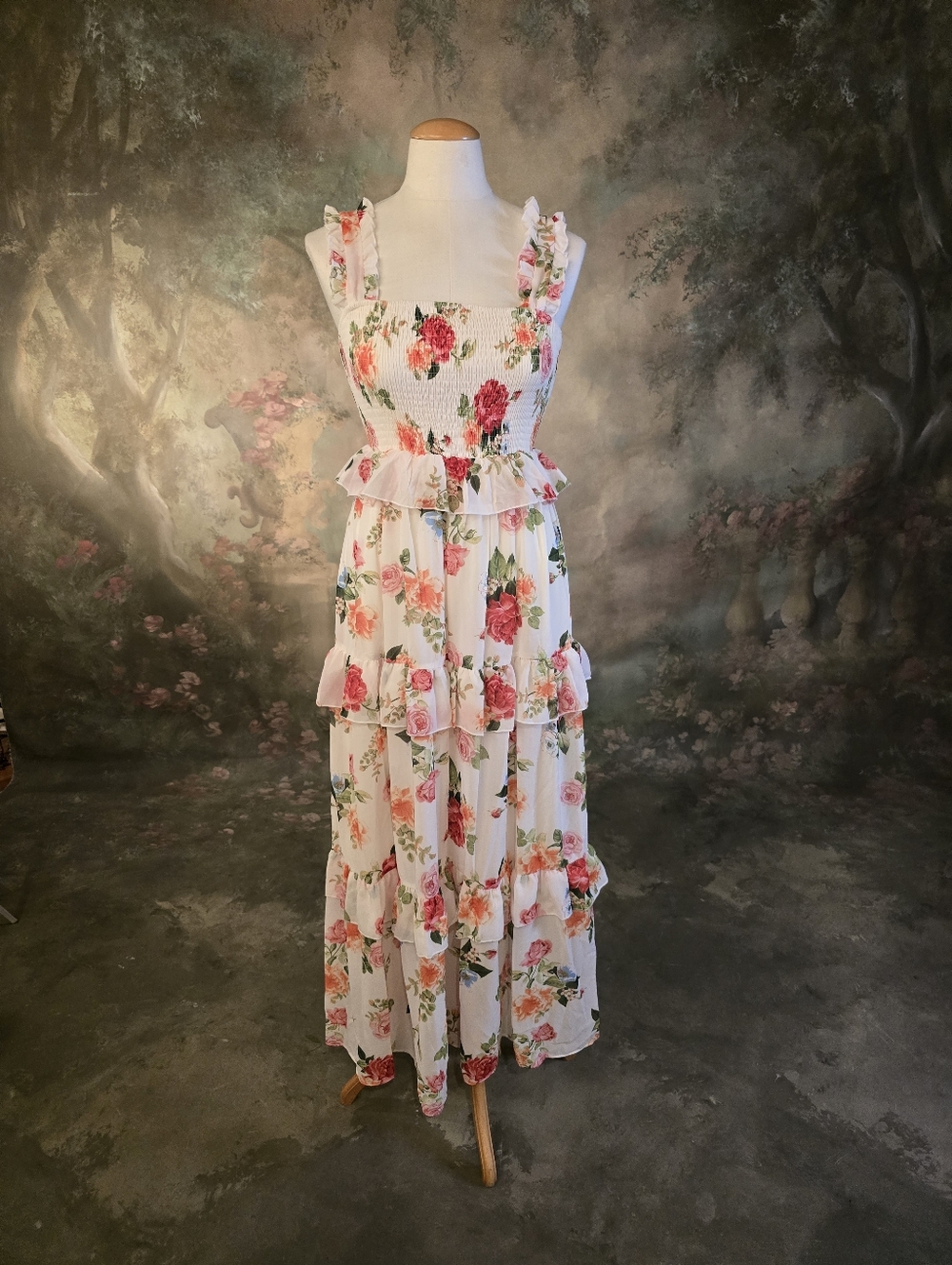 Lovecolette Floral Maxi Dress Smocked Bodice Tiered Ruffle Skirt Pink White